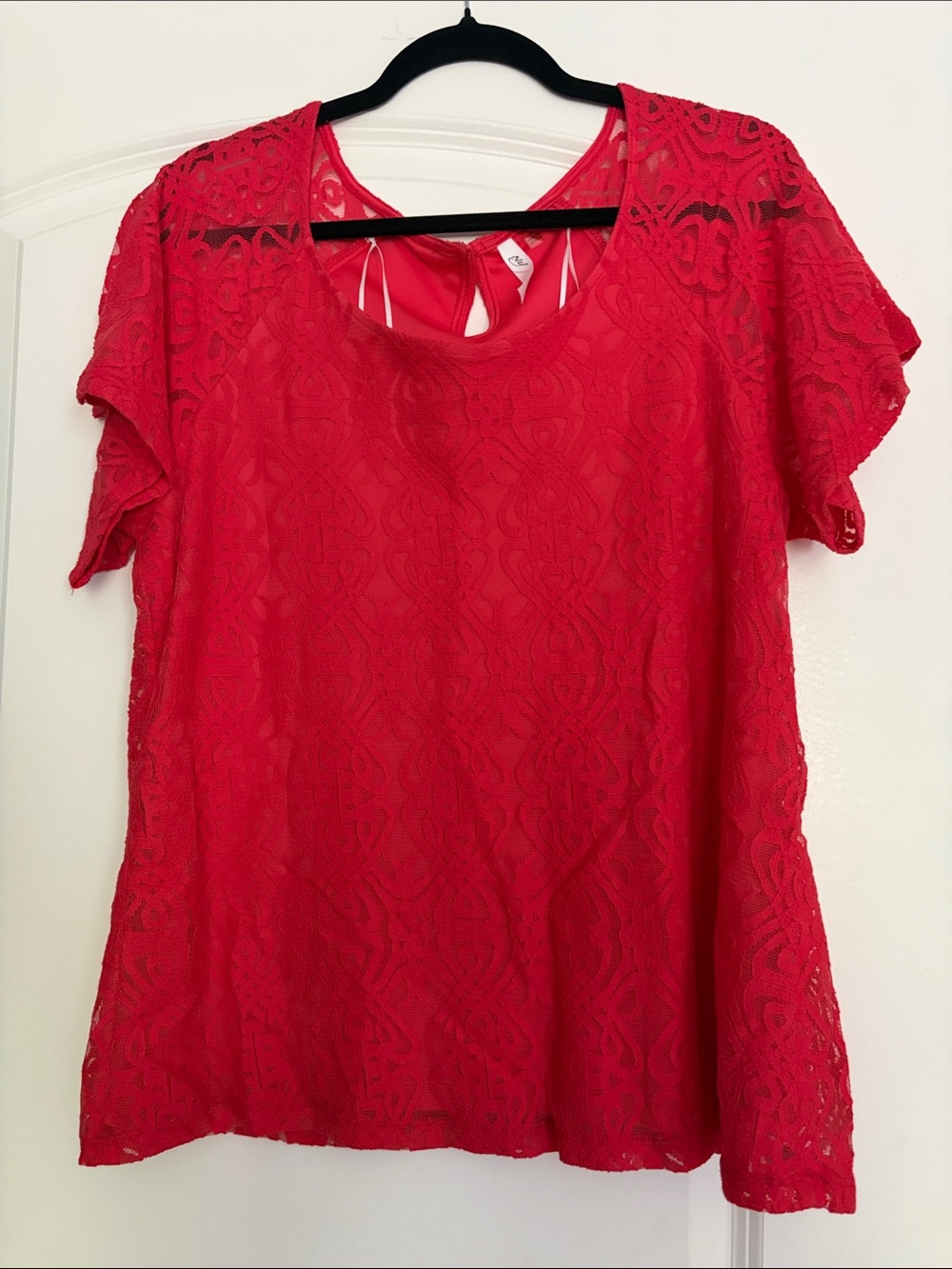 NY Collection Red Lace Scoop Neck Short Sleeve Blouse